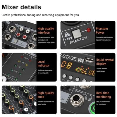 Audio Mixer Audio console Mini4 Portable 4-Channel DJ Mixer Console, Sound Mixing Board with USB BT image 4