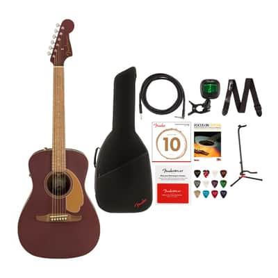 Fender Malibu Player 6-String Acoustic Guitar (Right-Hand, Burgundy Satin) with FB405 Dreadnought Gig Bag (Black), Instrument Cable, Adjustable Guitar Stand, FT-1 Pro Clip-On Tuner Bundle image 1