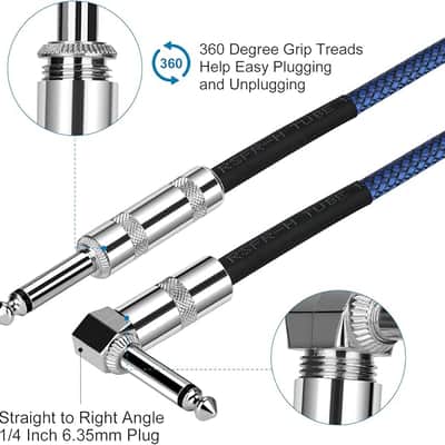 1/4 Inch Cable Guitar Cable 10 Ft Straight to Right Angle 1/4 Inch 6.35mm Plug Bass Keyboard Instrument Cable Blue and Black Tweed Cloth Jacket, Electric Mandolin, pro Audio image 2