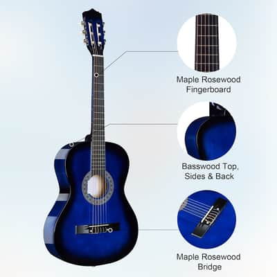 Beginner Acoustic Classical Guitar 38 Inch Nylon Strings Wooden Guitar Bundle Kit for Kid Boy Girl Student Youth Guitarra Online Lessons with Gig Bag, Strap, Tuner, Strings, Blue image 3