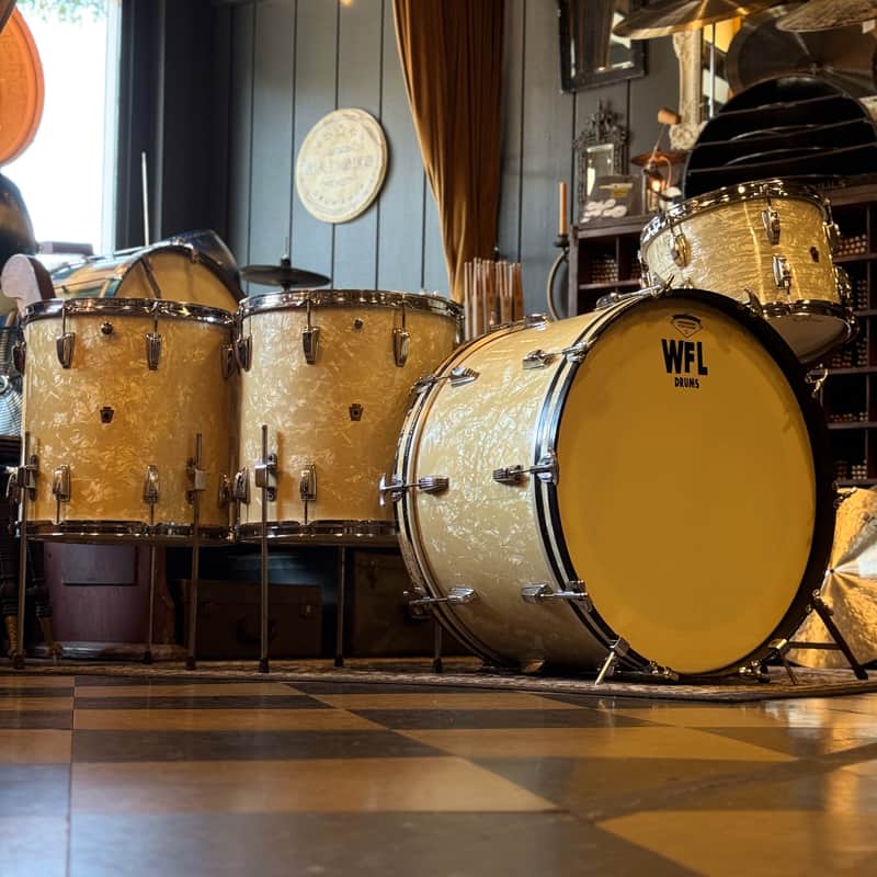VINTAGE 1950's WFL Drum Set in White Marine Pearl - 14x24, 9x13, 16x16, 16x16, 6.5x14
