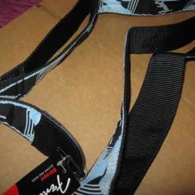 new with tags genuine Fender 2" Monogrammed Guitar Strap Black, Light Gray, and Light Blue - Fender part number: 099-0681-502, Fully adjustable length (39"-72") Woven Fender logo and guitar headstock design, polyester backing, black leather ends image 7