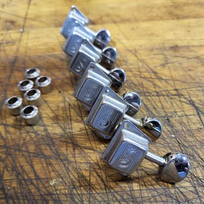 Vintage 1975 Schaller Deluxe West Germany 6 in a line Individual Electric Guitar Tuners plus Tuner Grommets Luthier Parts image 1