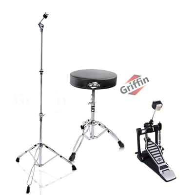 GRIFFIN Drum Hardware Set (Percussion TiltPro X Edition) 3 Pack Combo – Kick Pedal, Drum Throne & Cymbal Stand – Chrome Kit for Mounting Crash, Ride & Splash Cymbals image 2