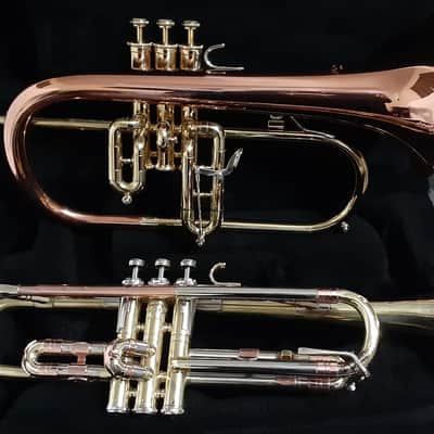 Blessing Flugelhorn & GETZEN Super Deluxe Trumpet W Combo Case & MP's - Clear Lacquer / Raw Brass image 22