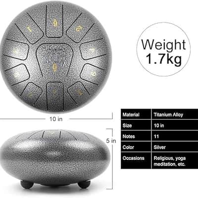 Steel Tongue Drum, 10 inch 11 Notes Tank Drum C Key Percussion Steel Drum Kit w/Drum Mallets Note Stickers Finger Picks Mallet Bracket and Gig Bag image 2