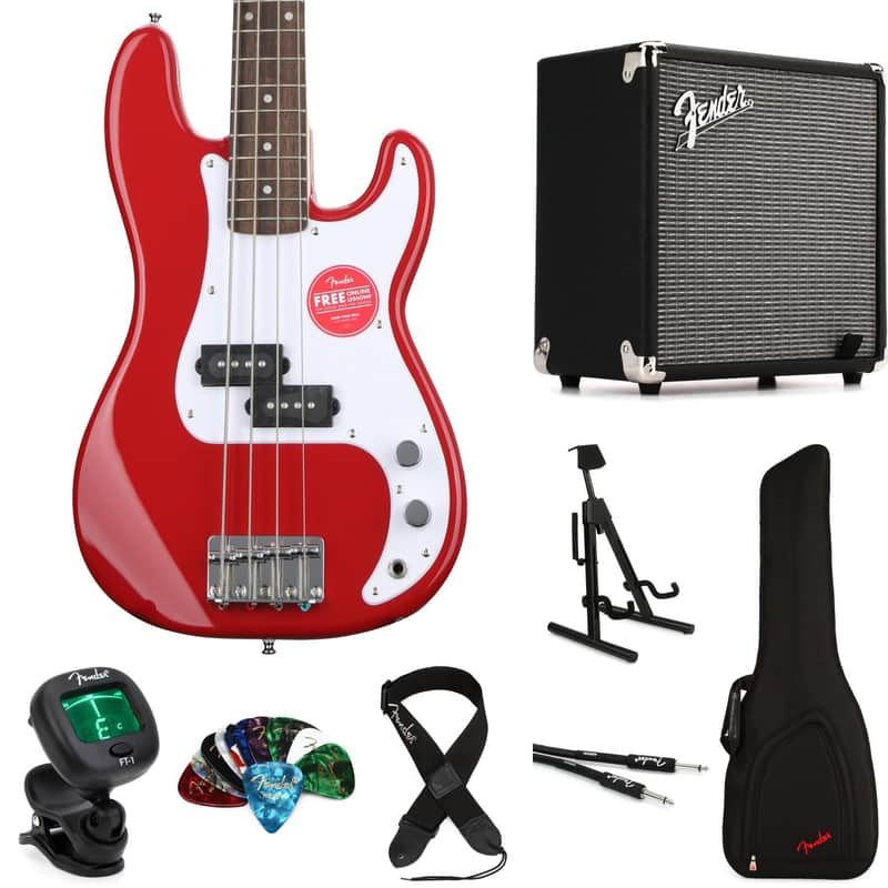 Squier Mini Precision Bass Electric Bass and Fender Rumble 15 Amp Essentials Bundle - Dakota Red with Laurel Fingerboard image 1