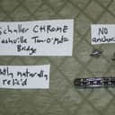 used (lightly relic'd from player's use and age) 1980s / early 1990s Schaller Nashville Tun-O-Matic Bridge CHROME + mounting pieces (NO anchors) Chrome Finish, Zinc Alloy Metal (the saddles are slotted)