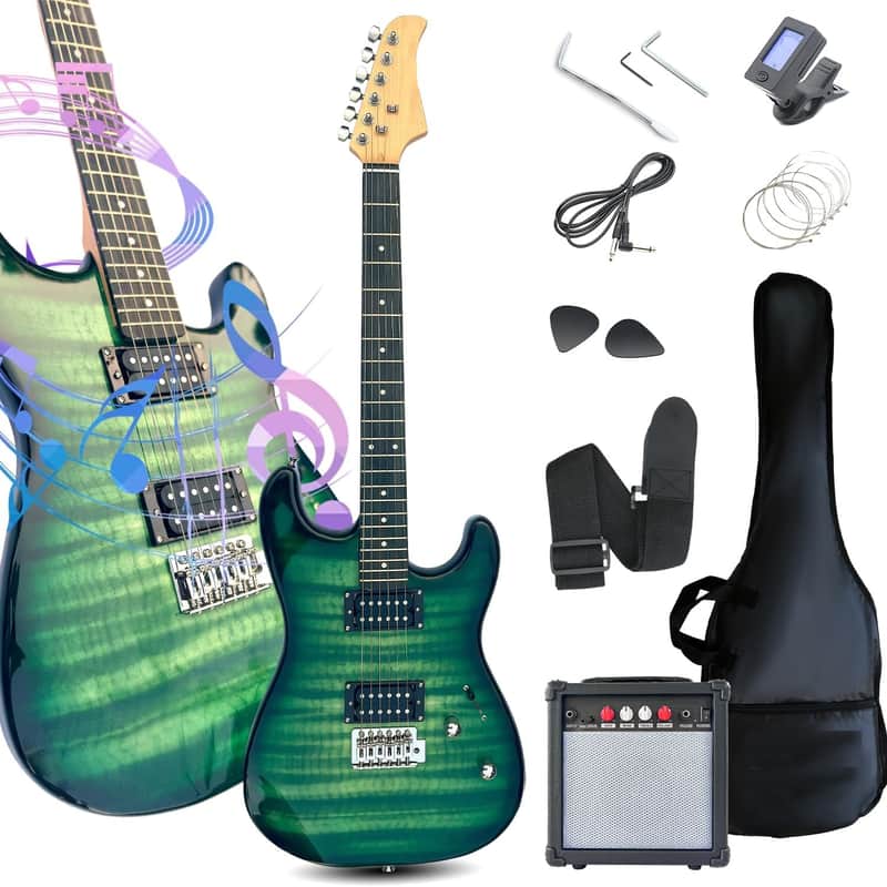 39" Full Size Electric Guitar Starter Kit with HH Pickup, 20W Portable Amp, Tuner, Gig Bag, Strap & Accessories(Green Flame) image 1