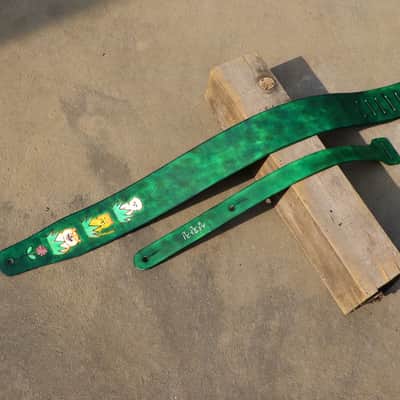 burnyblack custom made guitar strap - animals in forest leather/green image 8