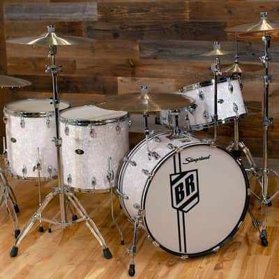 SLINGERLAND BUDDY RICH 5 PIECE SIGNATURE DRUM KIT No.2, NASHVILLE BUILT WITH FULL HARDWARE PACK AND SOLID SHELL SNARE DRUM, WHITE MARINE PEARL (PRE-LOVED) image 3