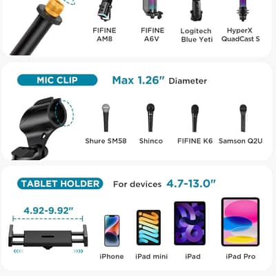 Mic Stand, 6 in 1 Microphone Stand Floor with Tablet Phone Holder Height Adjustable from 30" to 72" Mic Stand Tripod Boom Arm with Gooseneck Carrying Bag for Singing Karaoke Stage image 6
