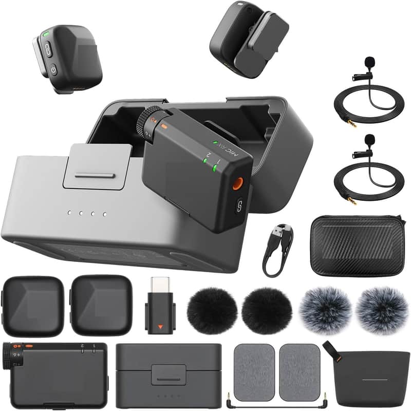 Mic Mini (2 TX + 1 RX + Charging Case) Wireless Lavalier Microphone, Ultralight, Noise Cancelling, Up to 48-Hour Battery Life Bundle with 2 x Deco Gear Lapel Microphone and 5" EVA Case image 1