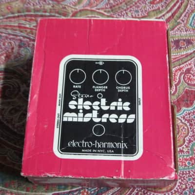 visibly used condition genuine Electro Harmonix EMPTY CARDBOARD BOX +orig Owner's Manual ONLY for EXO Stereo Electric Mistress (NO pedal, NO power supply, NO warranty/registration paperwork) 2010s, OUTER AREAS pink / GRAPHIC black & white, white image 6