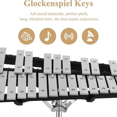 Advanced 32 Note Glockenspiel Xylophone Bell Kit for Adult Beginner Students, Percussion Kit with 8'' Drum Practice Pad, Adjustable Stand, Glockenspiel Stick, Drum Sticks and Carrying Bag image 2