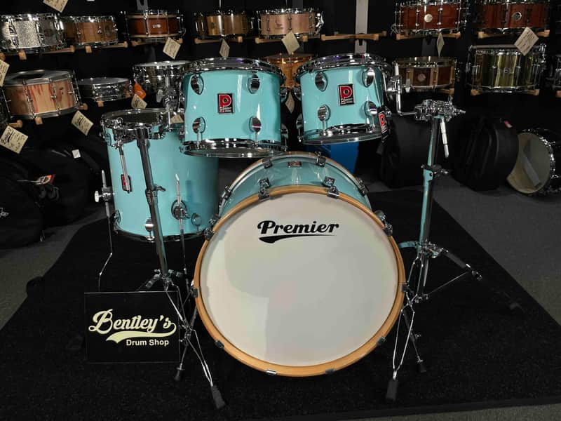 ~NEW~ Premier Elite Maple/Birch Hybrid 4-Piece 10/12/16/22 Drum Kit Set in Baby Blue Lacquer w/ Natural Gloss Bass Drum Hoops image 1