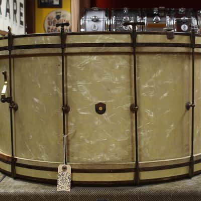 1930s Leedy 14x28 Spartan Bass Drum in White Marine Pearl w/ Knobby Gold Hardware image 3