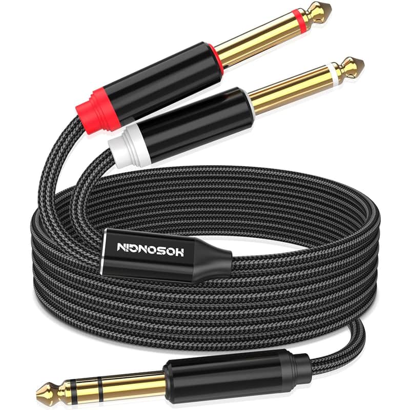 1/4 Inch Trs Stereo To Dual 1/4 Inch Ts Mono Y-Splitter Insert Cable, Nylon Braided Jacket Gold-Plated Plug Double Shielding Cable, 3.3 Feet image 1