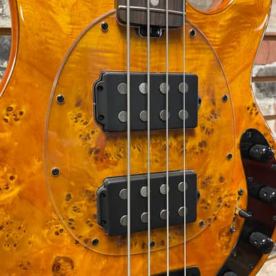 Sterling by Music Man Stingray Ray34 HH Amber Burled Poplar Top image 3