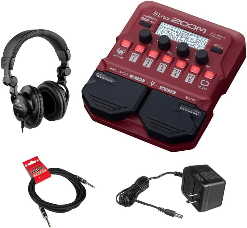Zoom B1 FOUR Bass Multi-effects Processor with Zoom AD-16 Power Supply, 1/4" TRS Cable and StreamEye Cans50 Professional Studio Headphones image 1