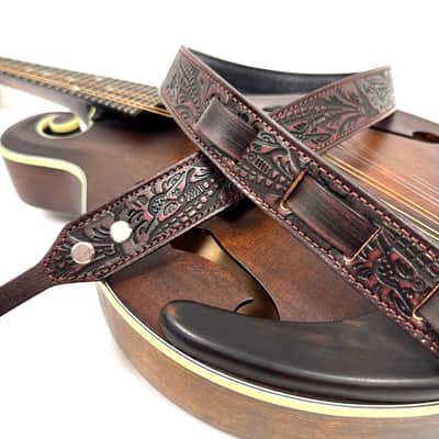 Walker And Williams M-22-RD Mahogany Red Leather Premium Padded Mandolin Strap With Live Oak Design image 2