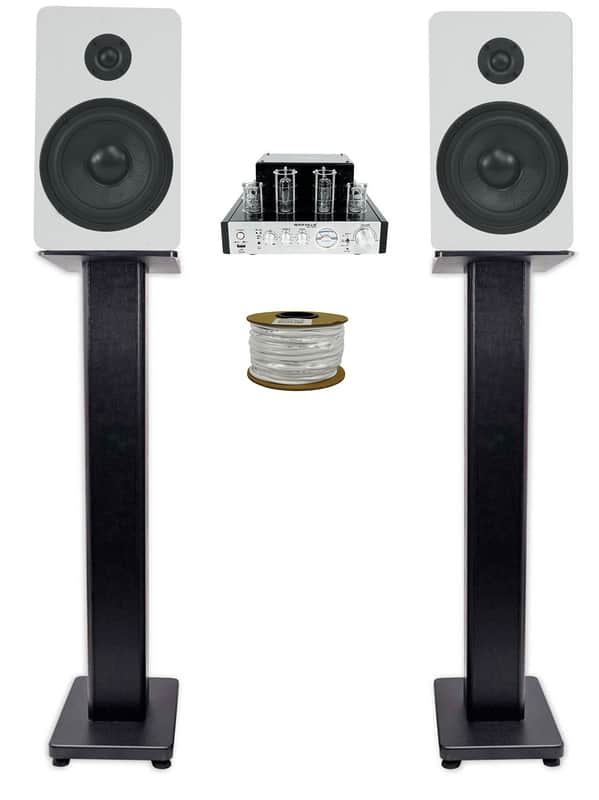 Rockville BluTube Tube Amplifier+(2) 5.25" White Bookshelf Speakers+28" Stands + Rockville BLUE 14G50 OFC 14 Gauge 50 Foot 100% Copper Speaker Wire image 1