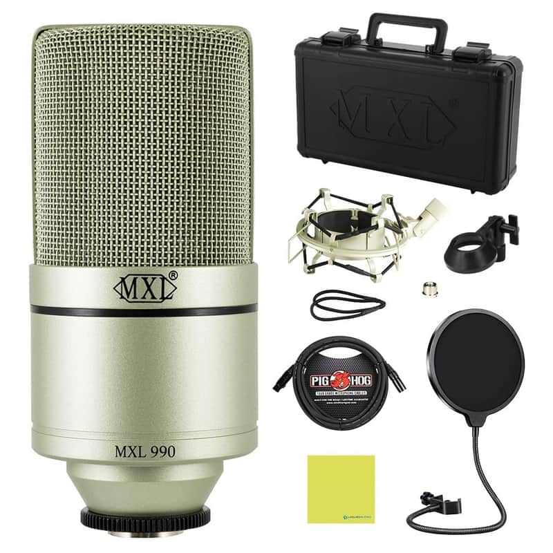 Liquid Audio - MXL 990 Large-diaphragm Condenser Microphone Bundle w/Pig Hog PHM10 8mm Mic Cable, Pop Filter Polishing Cloth image 1