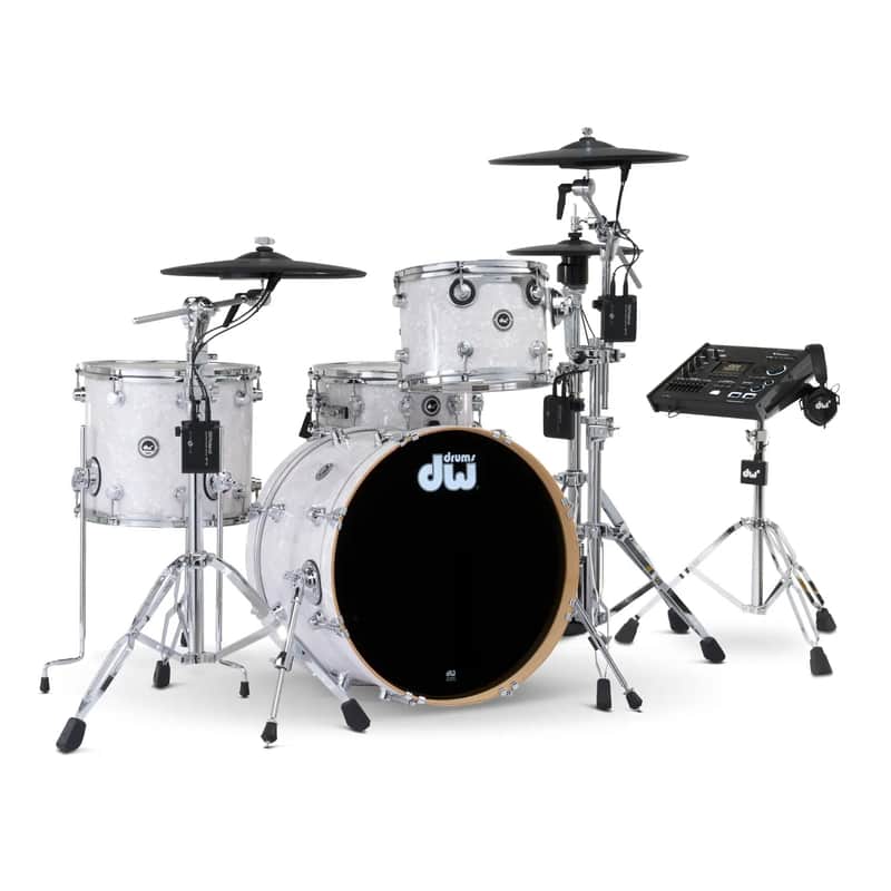FREE TOM REBATE! - DW DWe 4pc Complete Electronic/Acoustic Drum Set w/Roland Cymbals & V71 White Marine image 1