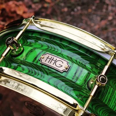 HHG Drums  14x5 Contoured White Ash Stave Snare Drum 2022 High Gloss Electric Green Lacquer Eith Gold Hardware image 1