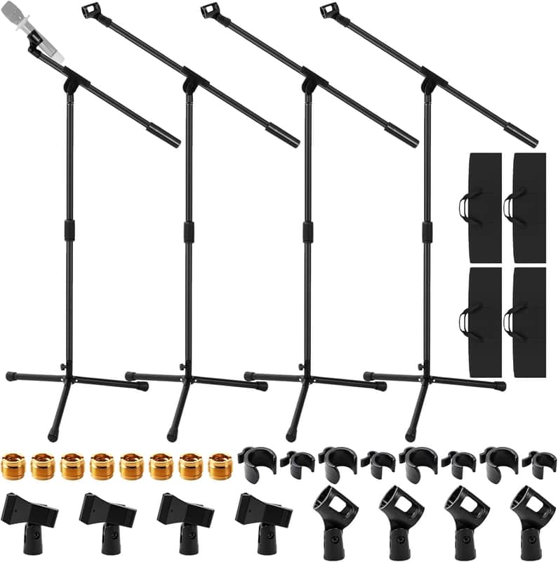 4 Sets Mic Stand Adjustable Boom Arm Microphone Stand with Tripod Base Boom Microphone Stands Height Adjustable 32.7-90.5 Inch with Mic Clips 3/8"-5/8" Adapter for Singing Performance Stage image 1