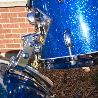 1959/60 Gretsch Round Badge Broadkaster Name-Band Drum Set - Blue Glass Glitter 22/13/16/5x14 Snare image 5