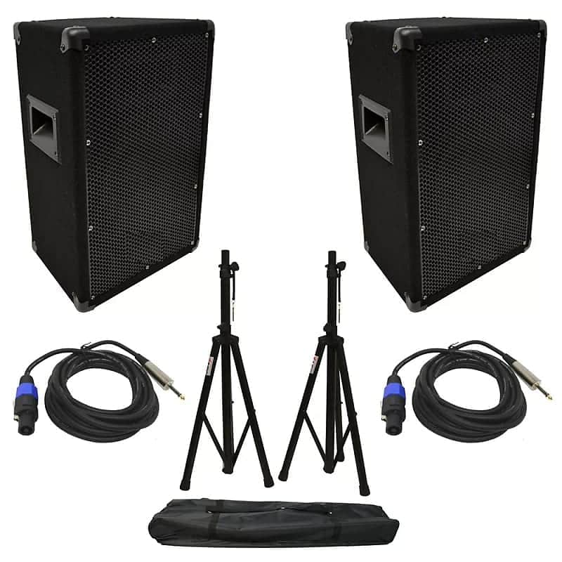 (2) Audio DJ 10" 300W PA Speaker Speakon to 1/4" Cables & Stands image 1