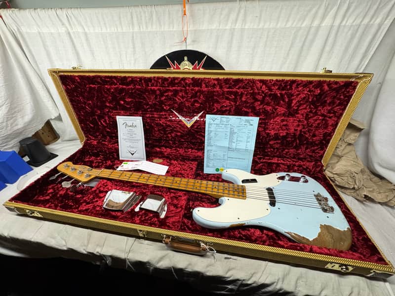 Fender USA Custom Shop '55 1955 Precision Bass Relic 4-string P-Bass with COA + Case 2020 - Sonic Blue / Roasted Maple neck image 1