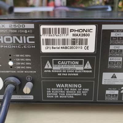 Phonic MAX2500 * power output 750W @ 4ohms (stereo) or 500W @ 8ohms (bridge mono), per channel * Class H high efficiency circuitry design * image 4