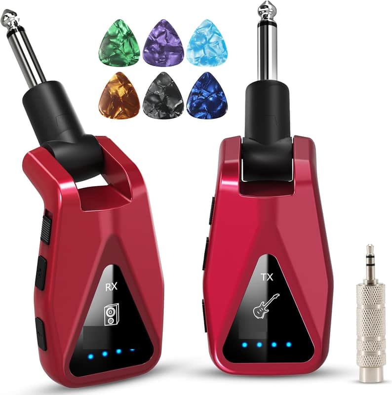 Wireless Guitar System Transmitter Receiver: UHF Cordless 164 Feet Range - 6 Channels USB-C Rechargeable Audio, 220° Rotatable Plug Design for Guitar Bass and Electric Instruments(Red) image 1