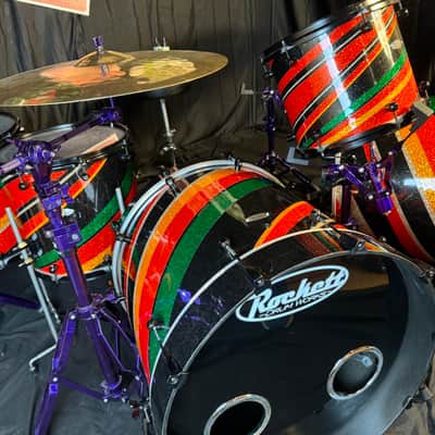 Rikki Rockett's Poison, Rockett Drum Works 2011 Tour Set. Maple/Carbon Fiber 18x22 (x2) 14.5x16, 12.5x14, 9.5x12. MultiColor Stripe Wrap image 4