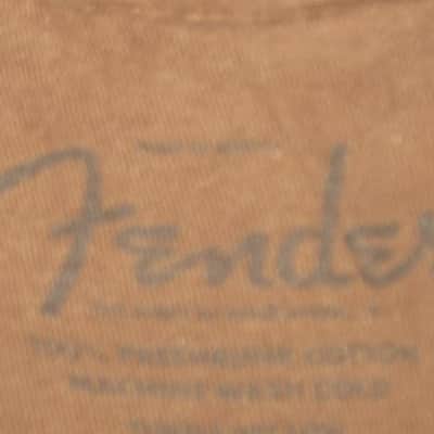 pre-owned genuine Fender Lightning Bolt Logo Short Sleeve, Cotton T-Shirt, XL, Brown (sleeves cut shorter) PN: 9101008621, from 2010, GRAPHIC: Red, Creme, Dark Brown, Fender, Ligntning Bolt, Circles, musical symbols, Electric Instrument Company Since 1946 image 5