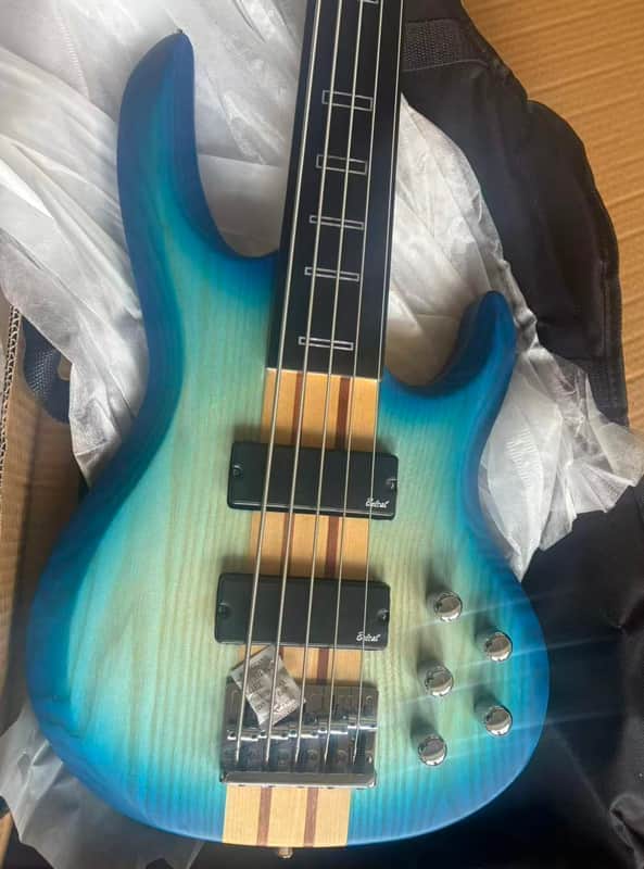 Blue Burst Fretless 5 String Electric Bass, Ash Wood Top Body, Maple Neck Through image 1