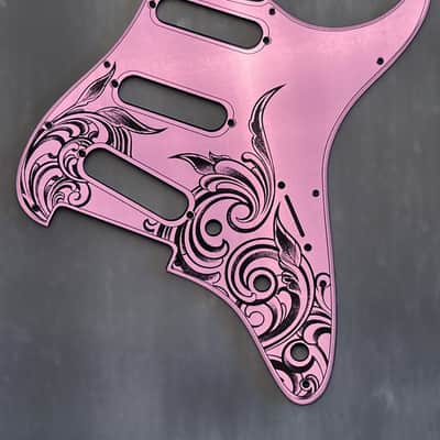 Pink Fender Strat Guitar Body Custom Laser Engraved Lavender Mirror Pickguard with Tremolo Cover HSH, HSS, SSS Setup Available image 6