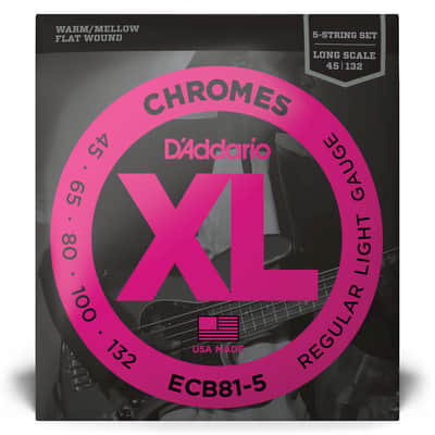D'Addario Chromes 45-132 Stainless Steel Flatwound 5-String Bass Guitar Strings, Long Scale [ECB81-5] image 1