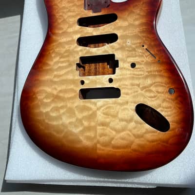 Vibrato system Strat Style Guitar Body | Mahogany Core with Quilted Maple Top, Gloss 3-Color Sunburst Finish, S-S-H Pickup Routing, for DIY Build image 3