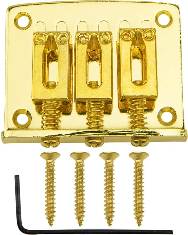 1Pcs 3 String Fixed Guitar Bridge Replacement Part with 4 Screws & Wrench Compatible with Cigarbox Electric Guitar (Gold) image 1