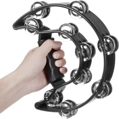 Half Moon Tambourine – Double Row Metal Jingles, Handheld Percussion Instrument with Ergonomic Grip, Black image 4