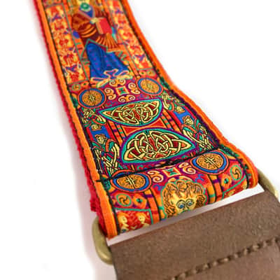 Handmade Red Irish Celtic Book Of Kells Hemp Guitar Strap by VTAR, with Brass Details and Brown Vegan Leather. For Acoustic, Bass and Electric image 2