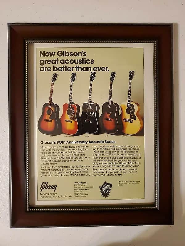 1984 Gibson Guitars Color Promotional Ad Framed 90th Anniversary Dove, Hummingbird,  J-45, J-200 Original image 1