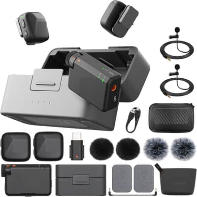 Mic Mini (2 TX + 1 RX + Charging Case) Wireless Lavalier Microphone, Ultralight, Noise Cancelling, Up to 48-Hour Battery Life Bundle with 2 x Deco Gear Lapel Microphone and 5" EVA Case image 1