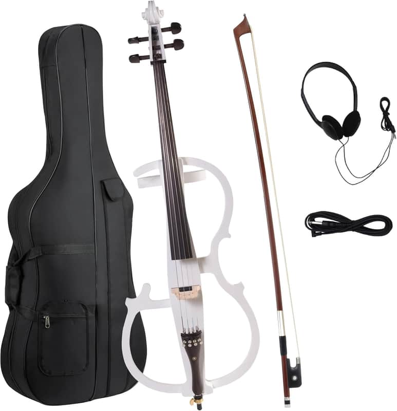 4/4 Electric Cello with Ebony Fittings, Professional Silent Electric Cello Kit with Bow, Rosin, Aux Cable and Headphone, Musical Instrument for Beginners, Pearl White image 1
