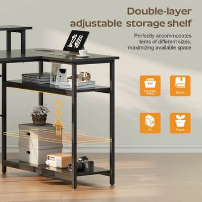 L-Shaped Music Studio Desk with LED Lighting & Power Outlets – Producer Workstation with Storage image 4