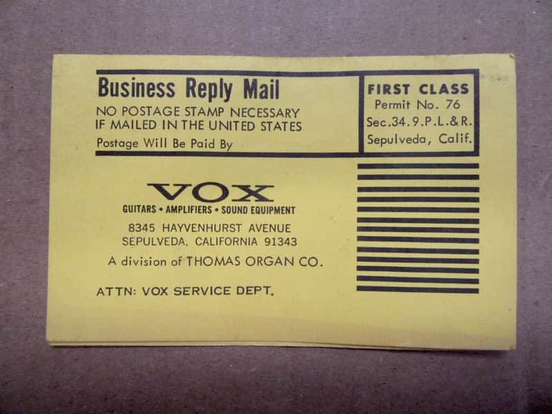Vox Service Dept. Warranty Card 1960's image 1