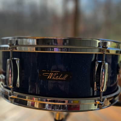 Vintage 1960s Whitehall (Made by Pearl) 14"x5" Blue Sparkle Snare, Stand, and Case image 2
